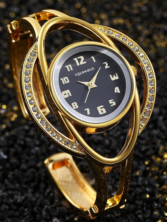 Anthropologie Gold Crystal Bangle Watch with Black Dial